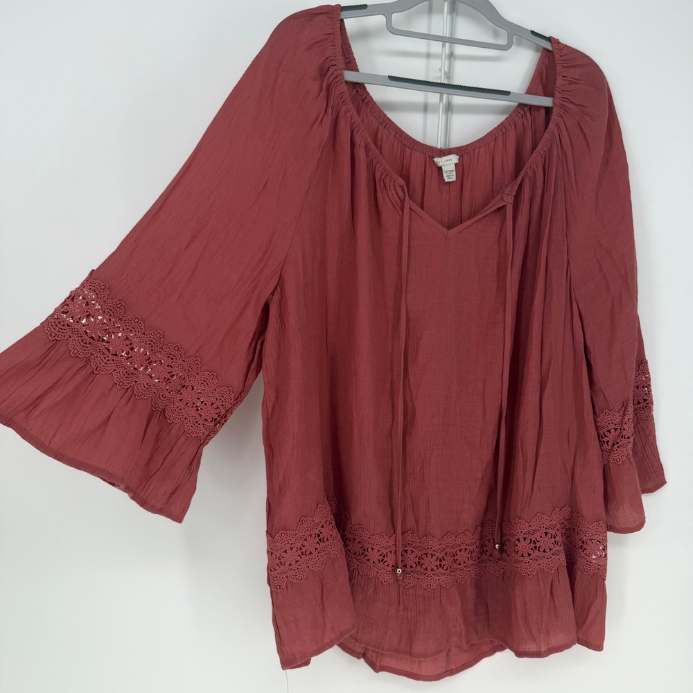 Catherines Blouse Womens 22/24W Burgundy Lace Trim Boho Peasant Top Cottagecore